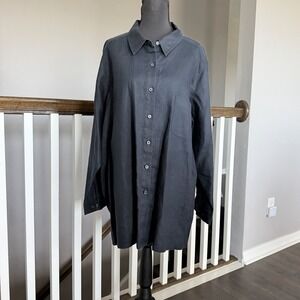 Bridgewater Studio 100% Linen Button Down Shirt Top Black Plus 2X Lagenlook